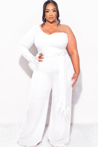 Final Sale Plus Size One Shoulder Long Sleeve Feather Cuff Jumpsuit with Tie in Ivory