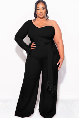 Final Sale Plus Size One Shoulder Long Sleeve Feather Cuff Jumpsuit with Tie in Black