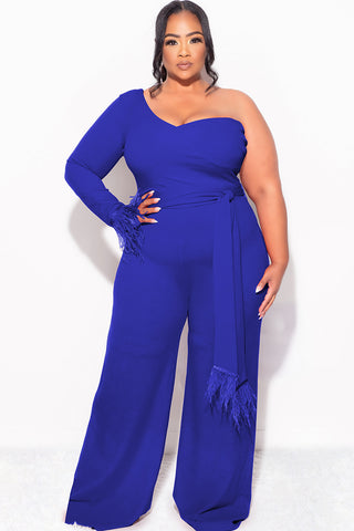 Final Sale Plus Size One Shoulder Long Sleeve Feather Cuff Jumpsuit with Tie in Royal Blue