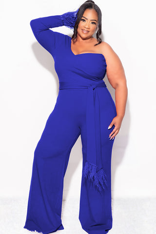 Final Sale Plus Size One Shoulder Long Sleeve Feather Cuff Jumpsuit with Tie in Royal Blue