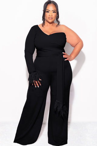 Final Sale Plus Size One Shoulder Long Sleeve Feather Cuff Jumpsuit with Tie in Black