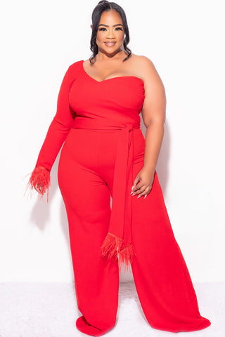 Final Sale Plus Size One Shoulder Long Sleeve Feather Cuff Jumpsuit with Tie in Red