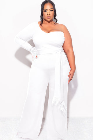 Final Sale Plus Size One Shoulder Long Sleeve Feather Cuff Jumpsuit with Tie in Ivory