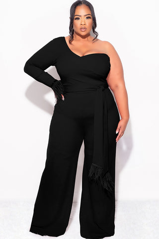 Final Sale Plus Size One Shoulder Long Sleeve Feather Cuff Jumpsuit with Tie in Black