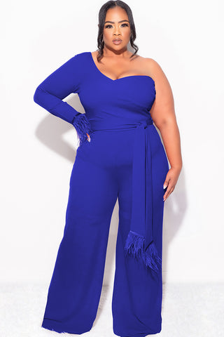 Final Sale Plus Size One Shoulder Long Sleeve Feather Cuff Jumpsuit with Tie in Royal Blue