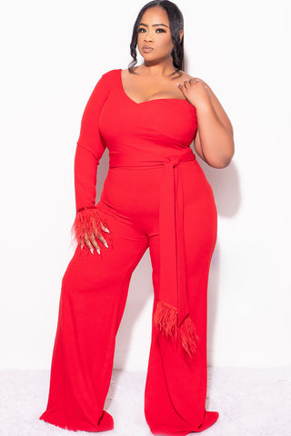 Final Sale Plus Size One Shoulder Long Sleeve Feather Cuff Jumpsuit with Tie in Red