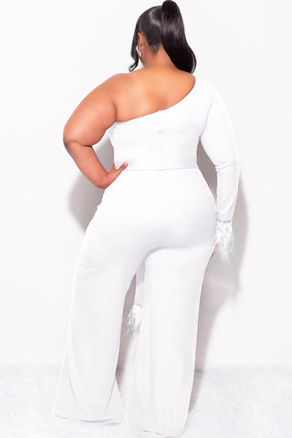 Final Sale Plus Size One Shoulder Long Sleeve Feather Cuff Jumpsuit with Tie in Ivory