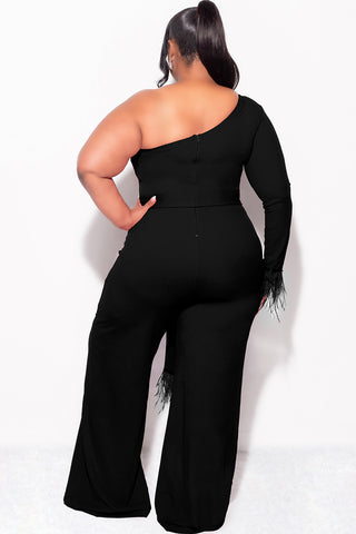 Final Sale Plus Size One Shoulder Long Sleeve Feather Cuff Jumpsuit with Tie in Black