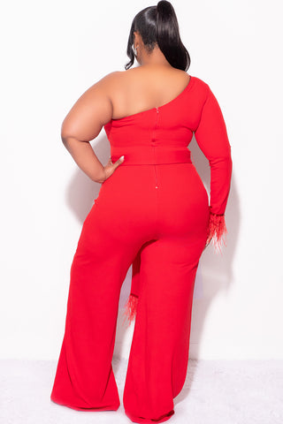 Final Sale Plus Size One Shoulder Long Sleeve Feather Cuff Jumpsuit with Tie in Red