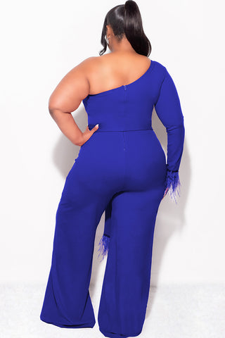 Final Sale Plus Size One Shoulder Long Sleeve Feather Cuff Jumpsuit with Tie in Royal Blue