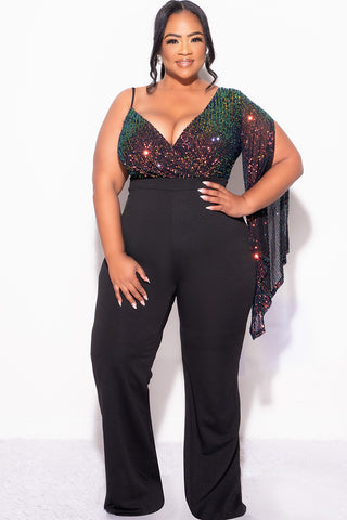 Final Sale Plus Size Multi Color Sequin Faux Wrap One Shoulder Jumpsuit with Slit Sleeve in Black