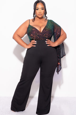 Final Sale Plus Size Multi Color Sequin Faux Wrap One Shoulder Jumpsuit with Slit Sleeve in Black