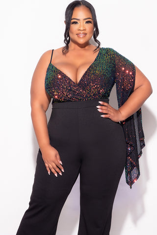 Final Sale Plus Size Multi Color Sequin Faux Wrap One Shoulder Jumpsuit with Slit Sleeve in Black