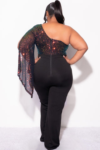 Final Sale Plus Size Multi Color Sequin Faux Wrap One Shoulder Jumpsuit with Slit Sleeve in Black