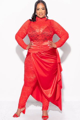 Final Sale Plus Size 2pc Lace Jumpsuit Set with Satin Skirt in Red