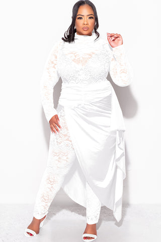 Final Sale Plus Size 2pc Lace Jumpsuit Set with Satin Skirt in White