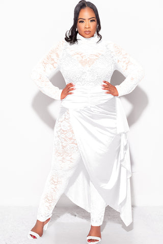 Final Sale Plus Size 2pc Lace Jumpsuit Set with Satin Skirt in White