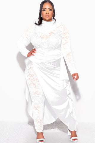 Final Sale Plus Size 2pc Lace Jumpsuit Set with Satin Skirt in White