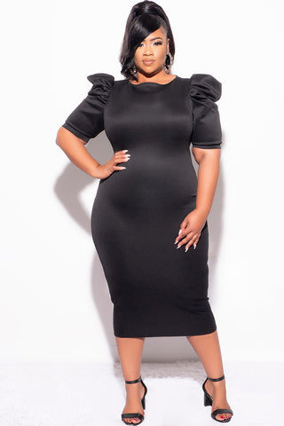 Final Sale Plus Size Bodycon Dress with Puffy Sleeves Black