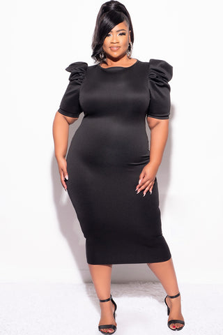 Final Sale Plus Size Bodycon Dress with Puffy Sleeves Black