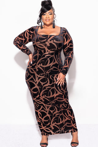 Final Sale Plus Size Velour Sheer Mesh Panel Dress in Brown and Black