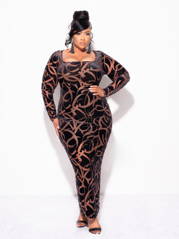 Final Sale Plus Size Velour Sheer Mesh Panel Dress in Brown and Black