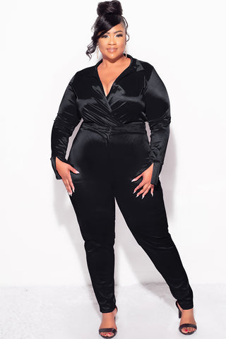 Final Sale Plus Size 2-Piece Satin Collared Faux Wrap Bodysuit and Pants Set in Black