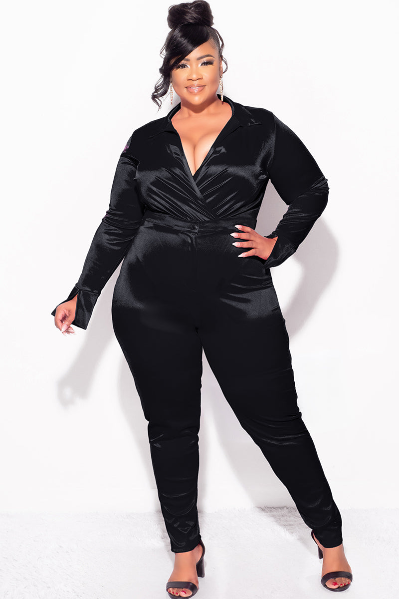 Final Sale Plus Size 2-Piece Satin Collared Faux Wrap Bodysuit and Pants Set in Black