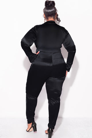 Final Sale Plus Size 2-Piece Satin Collared Faux Wrap Bodysuit and Pants Set in Black