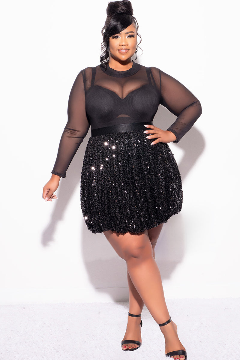 Final Sale Plus Size Sequin Bubble Mini Skirt in Black