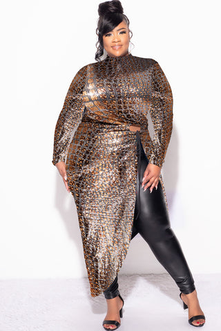 Final Sale Plus Size Faux Sequin Hologram Top in Brown, Gold & Silver