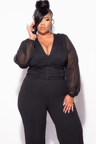 Final Sale Plus Size Sheer Corset Top with Balloon Sleeves in Black