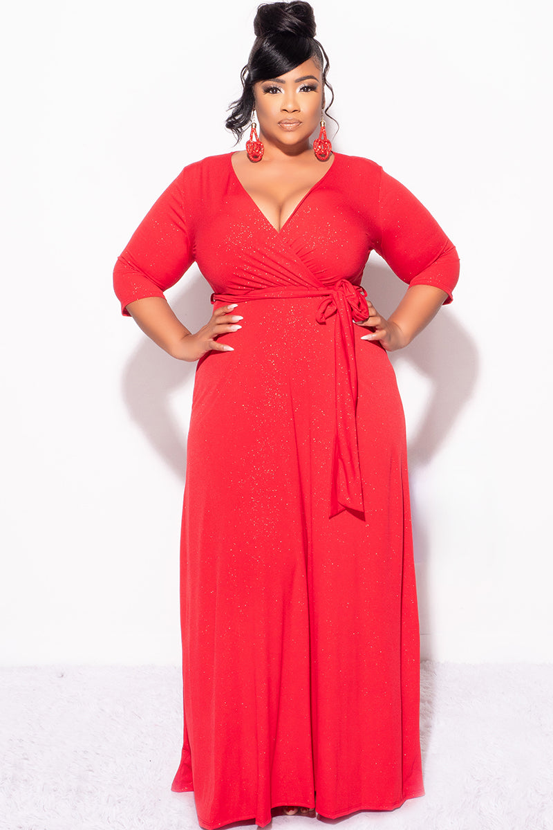 Final Sale Plus Size Faux Wrap Glitter Dress in Red