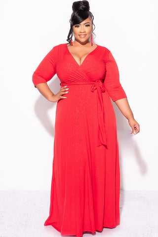 Final Sale Plus Size Faux Wrap Glitter Dress in Red