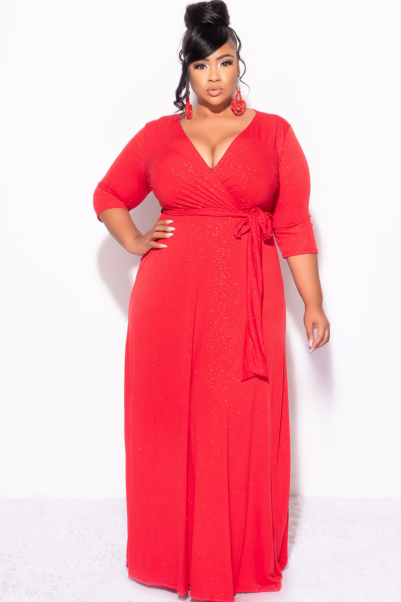 Final Sale Plus Size Faux Wrap Glitter Dress in Red Chic And Curvy Final Sale Plus Size Faux Wrap Glitter Dress in Red Chic And Curvy