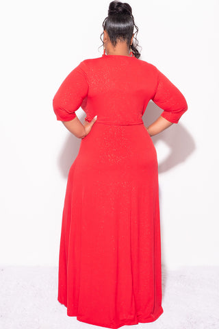 Final Sale Plus Size Faux Wrap Glitter Dress in Red