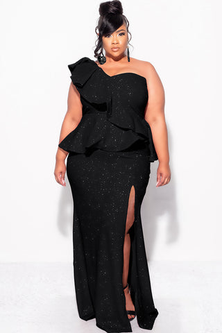 Final Sale Plus Size One Shoulder Layered Ruffle Gown in Black Glitter