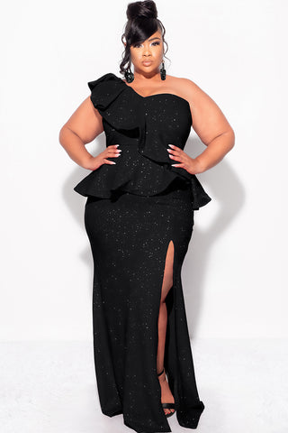 Final Sale Plus Size One Shoulder Layered Ruffle Gown in Black Glitter