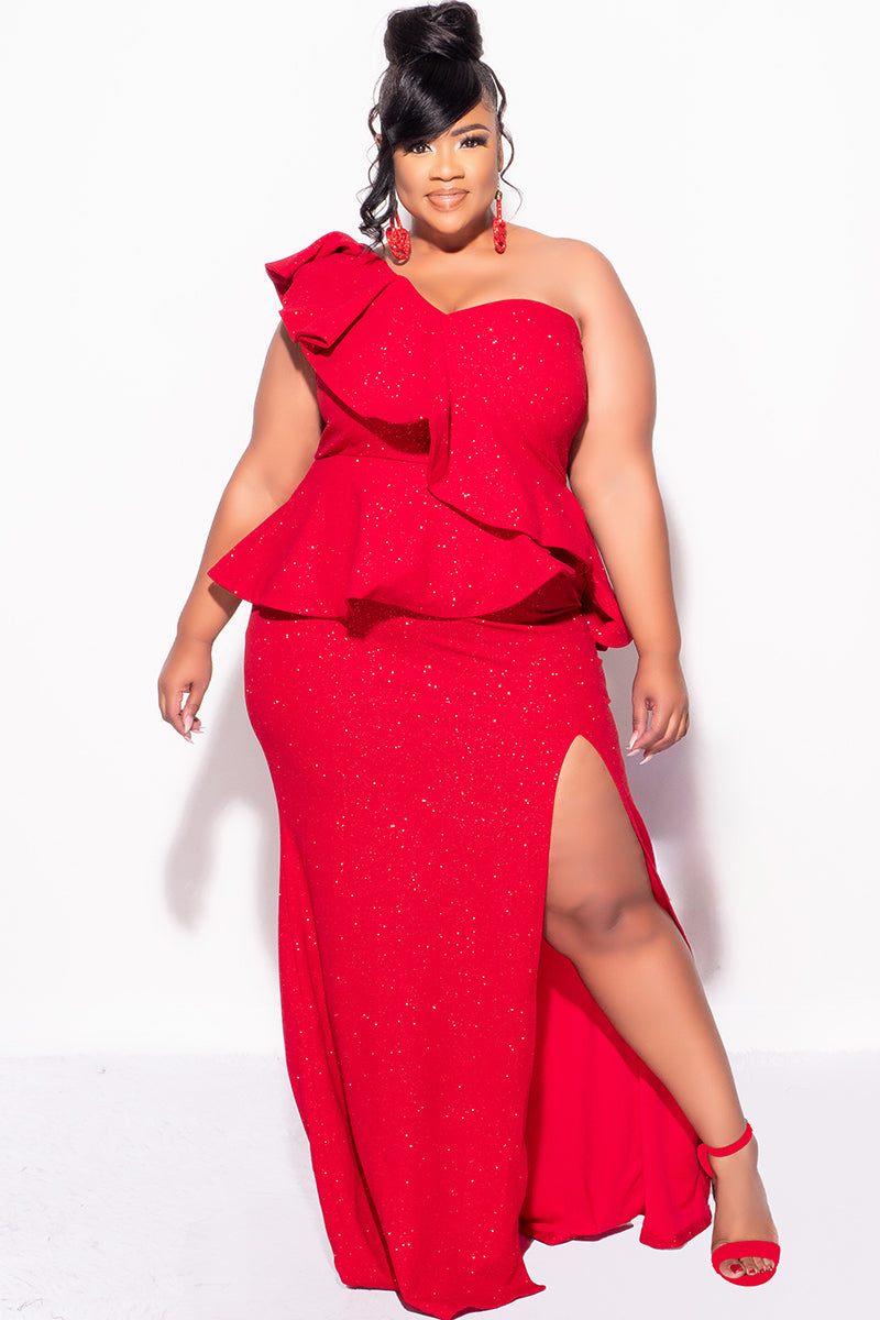 Final Sale Plus Size One Shoulder Layered Ruffle Gown in Red Glitter Chic And Curvy Final Sale Plus Size One Shoulder Layered Ruffle Gown in Red Glitter Chic And Curvy