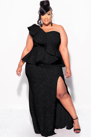 Final Sale Plus Size One Shoulder Layered Ruffle Gown in Black Glitter