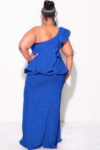 Final Sale Plus Size One Shoulder Layered Ruffle Gown in Royal Blue Glitter