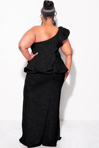 Final Sale Plus Size One Shoulder Layered Ruffle Gown in Black Glitter