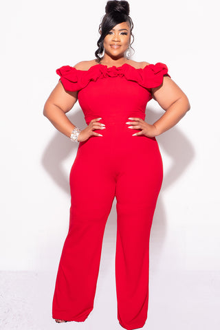 Final Sale Plus Size Off the Shoulder Ruffle Trim Jumpsuit in Red