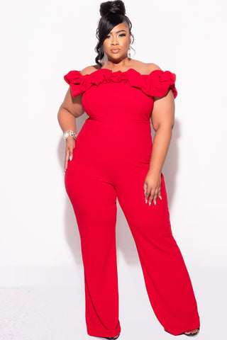 Final Sale Plus Size Off the Shoulder Ruffle Trim Jumpsuit in Red