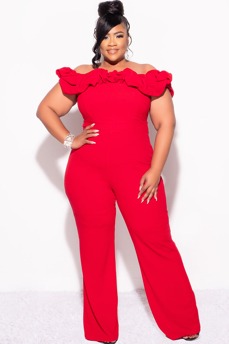 Final Sale Plus Size Off the Shoulder Ruffle Trim Jumpsuit in Red