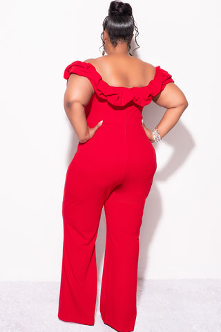 Final Sale Plus Size Off the Shoulder Ruffle Trim Jumpsuit in Red