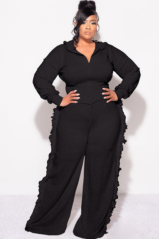 Final Sale Plus Size 2pc Hooded Tassel Pant Set in Black