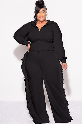 Final Sale Plus Size 2pc Hooded Tassel Pant Set in Black