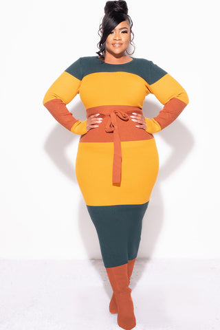 Final Sale Plus Size Ribbed Midi Dress in Mustard, Green & Rust