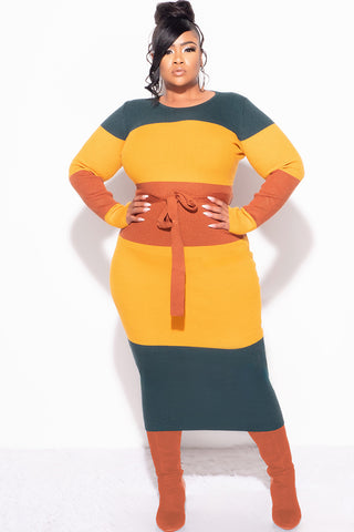 Final Sale Plus Size Ribbed Midi Dress in Mustard, Green & Rust